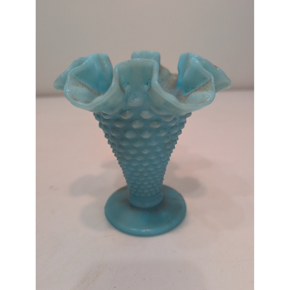 Fenton Art Glass Turquoise Milk Hobnail Trumpet Vase Made in USA